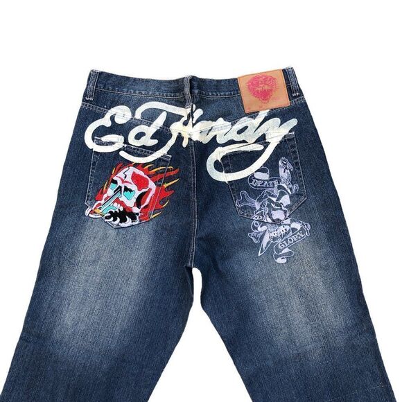 RARE Ed Hardy By Christian Audigier Embroidered Jeans Size 40 Blue - Picture 6 of 10